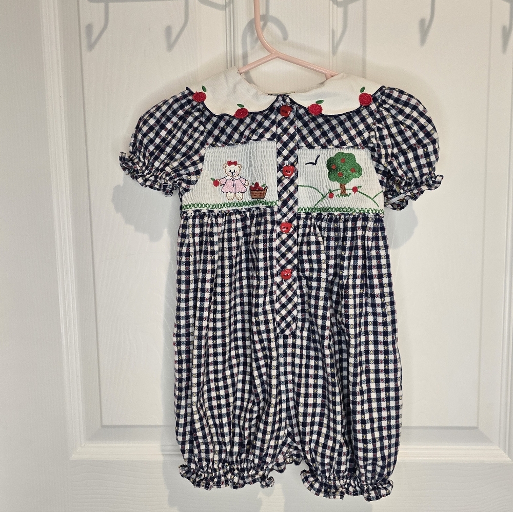 Vintage B.t. Kids Smocked Gingham One Piece Romper Apple And Bear Details